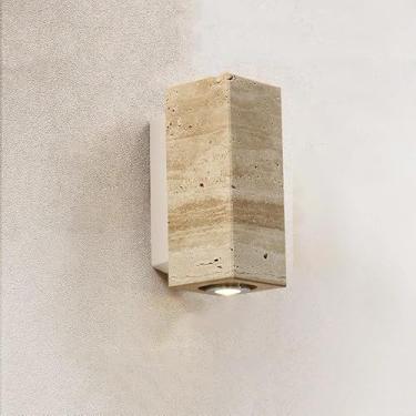 Imagem de Luminárias de parede em estilo japonês wabi-sabi, em pedra travertino amarelo, para quarto, sala de jantar, design retrô, para áreas externas.