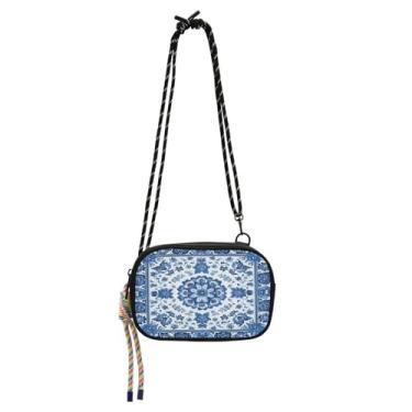Imagem de STAYTOP Bolsa tiracolo pequena de cerâmica azul e branca para mulheres e homens, mini bolsa de viagem - flor de cerâmica branca azul