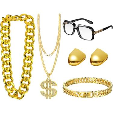 Imagem de Gejoy Kit de fantasia de hip hop, 6 peças, acessórios de rapper dos anos 80, 90, óculos de sol, pulseira de corrente de corda de ouro sintético, colar de símbolo de dólar, dentes falsos para homens e