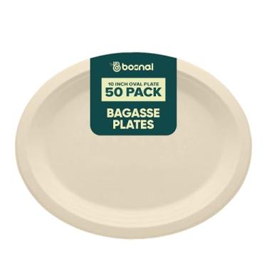 Imagem de BOSNAL Pratos ovais compostáveis de 25 cm – pacote com 50, bagaço de cana 100% à base de plantas, pratos descartáveis ecológicos para alimentos quentes e frios, seguros para micro-ondas, compostável