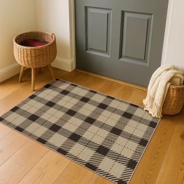 Imagem de Tapetes internos 5 x 7 cm para entrada – Tapete xadrez de búfalo de juta fácil para banheiro, cozinha, lavabo, moderno, bege, preto e decorativo