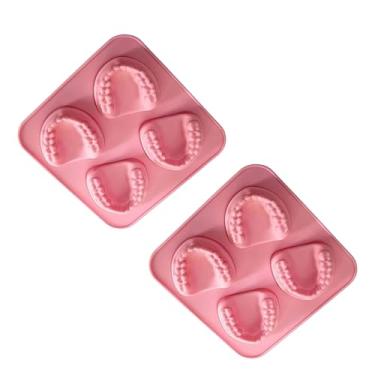 Imagem de 2 peças rosa 4 furos dentadura molde de cubo de gelo em forma de dente bandeja de gelo faça você mesmo sorvete engraçado presente para dentistas, idosos, moldes de bandeja de gelo, moldes e bandejas