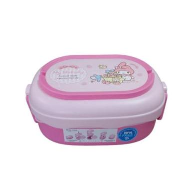 Imagem de Kit Lancheira Infantil Dupla Camada com Alça e Talher, 1600ml, Rosa, Plástico PP Livre de BPA, 2 Potes Internos, Fechamento Hermético, com Garfo e Colher