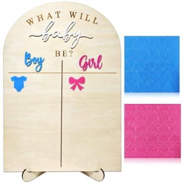 Imagem de Quadro de votação revelador de gênero de bebê de madeira com suporte, adesivos de votação de menina ou menino, tabuleiro de jogo de adivinhação de gênero, lance seu sinal de voto, ele ou ela o que