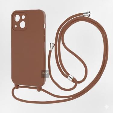 Imagem de Capa Case Capinha Para iPhone 13 Silicone Com Cordão Alça De Pescoço Ajustável Veludo Premium (MARROM)