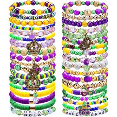 Imagem de Huquary 36 pulseiras femininas com contas de carnaval com glitter, máscara de flor de lis, chapéu de bobo da corte, berloque, conjunto de pulseiras elásticas para desfile de carnaval, acessórios de