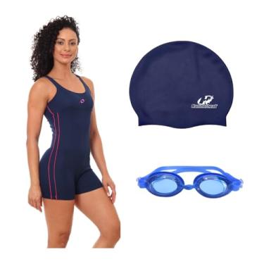 Imagem de Kit Maiô Macaquinho Helanca Feminino com Óculos Proteção Uv e Touca Silicone Grande (Marinho/Pink - Touca Azul, GG)