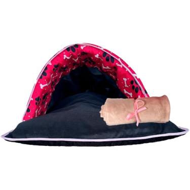 Imagem de Cama Iglu 2 em 1 com Saco de Dormir e Mantinha Pet, Impermeável, Paw Print, 70x45x32cm, Kit 2 Peças para Cães e Gatos de Porte Pequeno e Médio (Pink e Avelã)