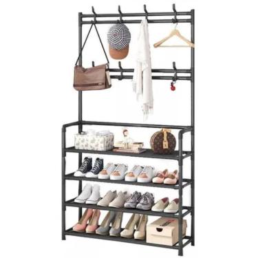 Imagem de Organizador Roupas Sapatos Cabideiro Sapateira Multifuncional 4 Prateleiras Rack Porta Treco Cor:preto