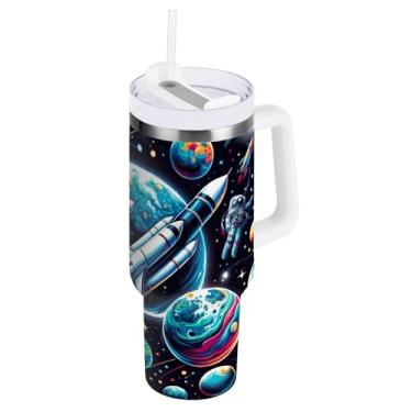 Imagem de ODAWA Copo de água grande espacial com alça e canudo, copo isolado de aço inoxidável com tampa 2 em 1