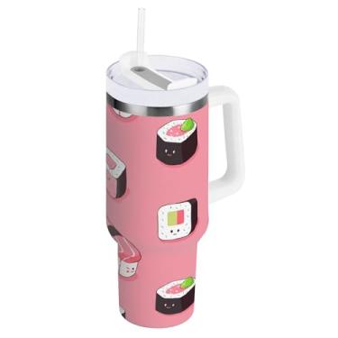 Imagem de Copos Sushi Kawaii rosa com isolamento duplo com alça e canudo para água, copos isolados 850 g / 0,89 L
