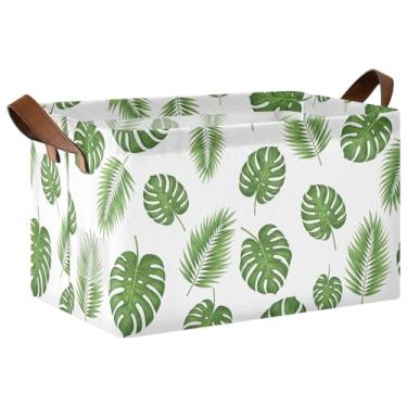 Imagem de Caixas de armazenamento de folhas tropicais verdes para armazenamento e organização doméstica, cestas decorativas dobráveis de 40 x 28 x 25 cm para organização e armário de armazenamento, pacote com 2