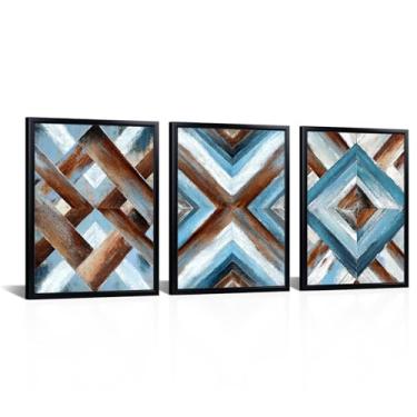 Imagem de Kalormore Arte de parede geométrica moderna, conjunto de tela emoldurada de 3 peças, padrão abstrato azul e marrom, decoração de casa à prova d'água, pronto para pendurar
