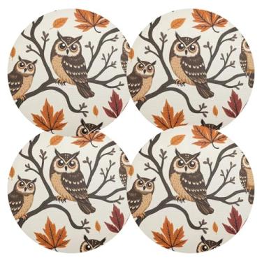 Imagem de Conjunto de 4 tapetes circulares de PVC com árvore de coruja bege, 38 cm, jogo americano lavável, decoração de mesa para sala de jantar