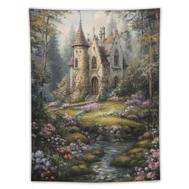 Imagem de Tapeçaria Enchanted Woodland Cottage Stream Tapeçaria para pendurar na parede Casa de pedra rústica caminho floresta paisagem arte para quarto, sala de estar, dormitório, apartamento, casa de campo