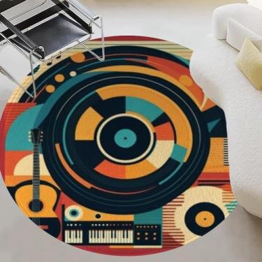 Imagem de Tapete redondo 1,2 m tapete circular abstrato retrô música geométrica jazz festival de música concerto show ao vivo tapete lavável pequenos tapetes redondos para quarto, estética, banheiro, lavanderia