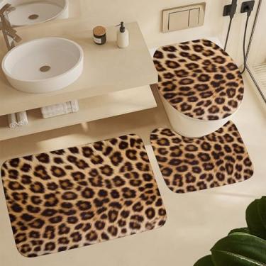Imagem de Deiubuc Conjunto de tapetes de banheiro com estampa de leopardo, conjunto de tapetes de banheiro de 3 peças de microfibra absorvente de espuma viscoelástica conjuntos de tapetes de banho decorações