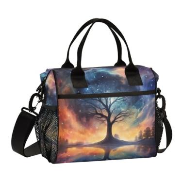 Imagem de GAIGEO Lancheira pequena de árvore e estrelas em aquarela com bolsos, lancheiras femininas, lancheira de escritório, P