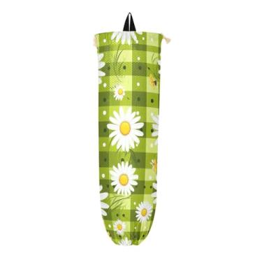 Imagem de Tabuleiro de xadrez verde com margaridas brancas, pacote com 2, dispensador de saco de supermercado, suporte de saco de plástico para armário