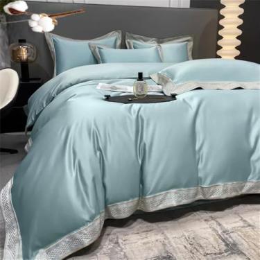 Imagem de Conjunto de cama simples em algodão branco com bordado, incluindo capa de edredom de casal, lençóis e fronhas, azul celeste, lençol de baixo com elástico para cama de 1,80 m.