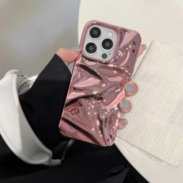 Imagem de Capa de celular 3D de luxo com acabamento brilhante e efeito ondulado para iPhone 15 Pro Max, 13, 12, 11, 14 Plus. Proteção para a câmera e capa traseira resistente a impactos. Cor rosa. Compatível