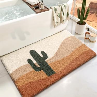 Imagem de LUMI Tapetes de banheiro design de cacto fofo, tapete de banho de microfibra absorvente macio antiderrapante, lavável na máquina, secagem rápida, tapete luxuoso deserto, planta divertida para chão