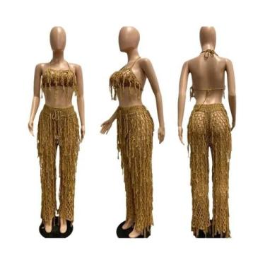 Imagem de Conjunto De Praia Sexy Feminino Em Crochê Com Franjas, Top Cropped Com