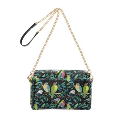Imagem de Joitme Bolsa feminina transversal para celular linda bolsa de ombro de couro PU com alça de corrente pássaros coloridos folhas verde preto