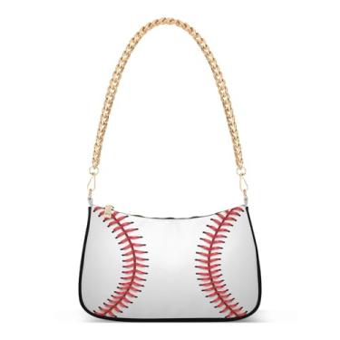 Imagem de Bolsa de ombro de corrente branca com costura de beisebol vermelha, bolsa Hobo feminina com alça destacável, bolsa média casual para uso diário ou festa