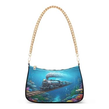 Imagem de Bolsa de ombro Fairy Locomotive Tracks Sea Blue Chain com estampa artística Hobo para uso diário e noturno