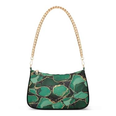 Imagem de Bolsa de ombro feminina Hobo ondulada verde esmeralda vívida, bolsa tiracolo com alça de corrente chique, bolsa média compacta para itens essenciais do dia a dia, bolsa clutch casual elegante