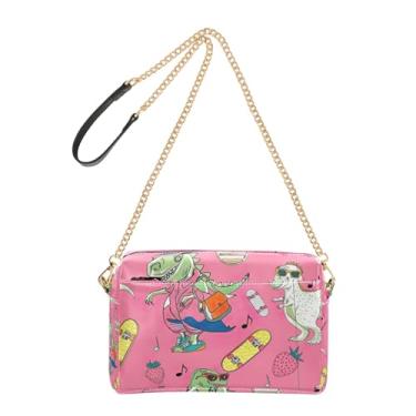 Imagem de Joitme Bolsa transversal feminina bolsa para celular alça de corrente couro PU bolsa de ombro divertida desenho animado dinossauros rosa