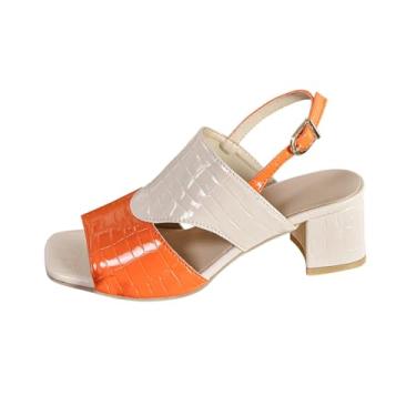 Imagem de Sandália feminina fashion casual primavera e verão confortável combinando cores bico quadrado bico aberto fivela uma linha salto grosso salto alto, Laranja, 35