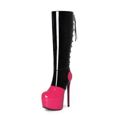 Imagem de Frankie Hsu Bota gótica sexy plataforma agulha feita à mão salto alto no joelho, preto vermelho patente gótico punk hot girl grande tamanho grande panturrilha larga botas longas com cadarço para