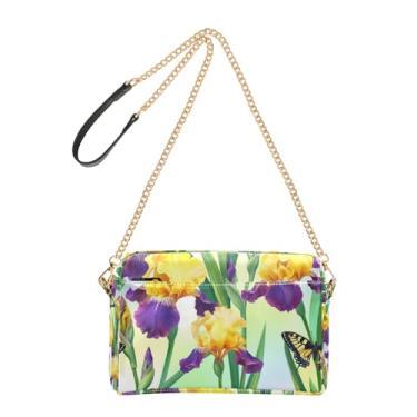 Imagem de Joitme Bolsa tiracolo de flores de íris roxas amarelas bolsas femininas de couro PU com alça de corrente bolsa para celular
