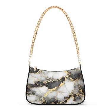 Imagem de Bolsa de ombro com corrente artística em ouro branco preto e branco, bolsa feminina Hobo com grande capacidade, bolsa clutch elegante para todos os dias ou à noite