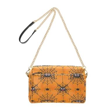 Imagem de Joitme Bolsa feminina tiracolo preta teia de aranha laranja bolsa para celular bolsa de couro PU bolsa de ombro alça de corrente