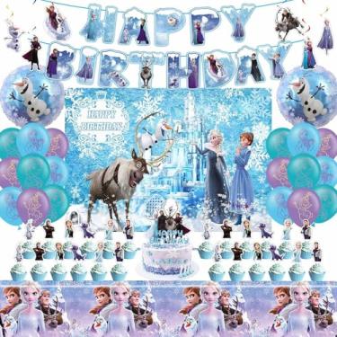 Imagem de 51Psc para configuração de festa temática Frozen, decorações fáceis de montar, incluindo topos de bolo DIY infantis e conjuntos de pano de fundo, perfeitos para festas de aniversário infantis