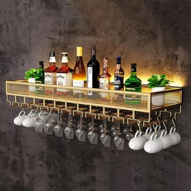 Imagem de Rack de vinho montado na parede com luzes e taças, suporte para copos de vinho montado na parede, rack de vidro de vinho industrial com suporte de copo de vinho (ouro 120 x 35 cm)