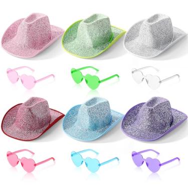Imagem de Haysandy 12 peças de chapéu de vaqueira espacial holográfico com óculos de sol sem aro, chapéu de cowboy brilhante neon e óculos de sol de coração para mulheres (multicolorido, glitter)