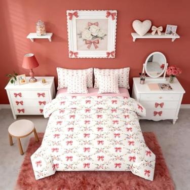 Imagem de Erosebridal Jogo de cama em uma bolsa de 7 peças, floral, com laço vermelho, estilo pastoral, 7 peças, estilo princesa sonhadora, respirável, leve, decoração de coquete, lençol com elástico
