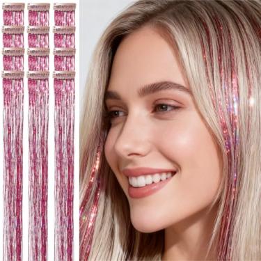 Imagem de CelineBella Tinsel de cabelo vermelho rosa, presilha, 61 cm, 80 fios por peça, fios de cabelo de tinsel com glitter para festas de Natal e Ano Novo para adultos e mulheres