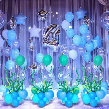 Imagem de Gejoy Kit de centro de mesa de balões sob o mar, 184 peças, azul, azul-petróleo, azul empoeirado, kit de centro de mesa, pano de fundo do oceano para decoração de festa de aniversário de chá de bebê