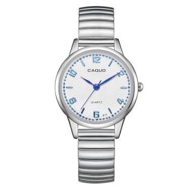 Imagem de BOSHIYA Relógio feminino com pulseira elástica, fácil leitura, 30 mm, analógico, quartzo com pulseira elástica de aço inoxidável, impermeável, relógio de pulso feminino dourado/prata, Superfície azul