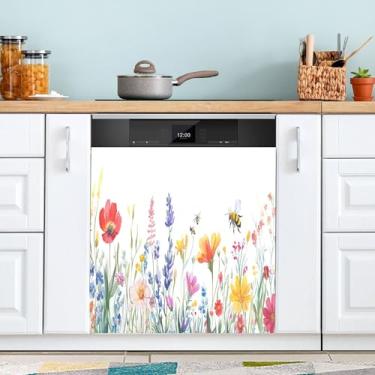 Imagem de SEHANY Capa magnética colorida de campo silvestre para lava-louças, adesivos magnéticos decorativos antiarranhões para painel de geladeira e lava-louças, decoração de flores de fazenda de cozinha