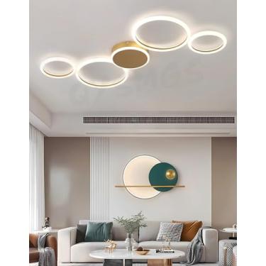 Imagem de Luminária de teto LED moderna, dimerizável, com controle remoto, design de anéis redondos, em acrílico, para sala de estar, quarto, sala de jantar e cozinha (Dourada, 5 anéis B)