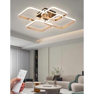 Imagem de Luminária de teto LED moderna, dimerizável e com controle remoto, para sala de estar, modelo lustre com 4 quadrados, luminária de teto embutida para sala de jantar e quarto (dourada, 4 moldu