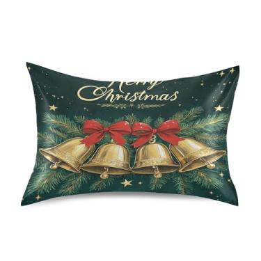 Imagem de SEHANY Fronha de seda verde com sinos de Natal para cabelo e pele, capa de almofada respirável super macia e macia com envelope para casa, quarto, hotel, padrão 50 x 66 cm