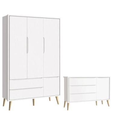 Imagem de Cômoda Infantil com Porta e Guarda Roupa 3 Portas Theo Branco Acetinad