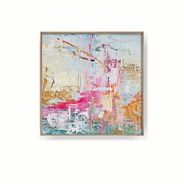 Imagem de PHWWDSUQA Arte de parede abstrata colorida, rosa, azul-petróleo e amarelo pastel, impressões em bloco de cores, para sala de estar, quarto, banheiro, cozinha, 50,8 x 50,8 cm, sem moldura